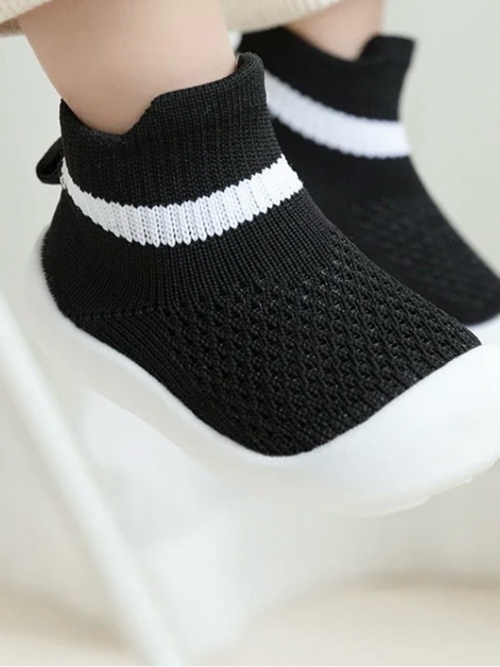Toddler Sock Sneakers Black White Slip On Knit Walking Shoes Rubber Soles